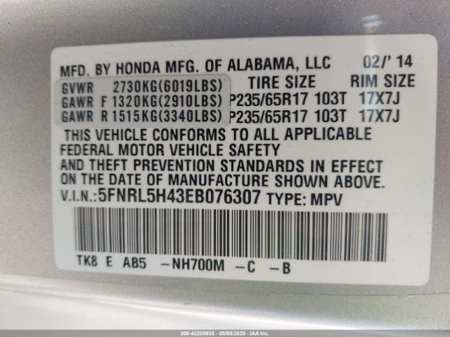 5FNRL5H43EB076307 Honda ODYSSEY EX