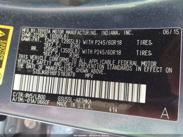 5TDJKRFH8FS183878 Toyota Highlander Xle V6