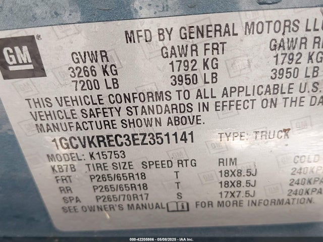 1GCVKREC3EZ351141 Chevrolet Silverado 1500 1lt
