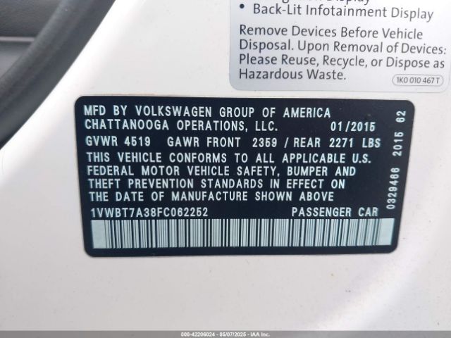1VWBT7A38FC062252 Volkswagen Passat 1.8t Se