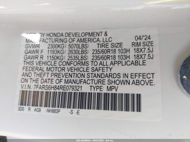 7FARS6H84RE079321 Honda Cr-v Hybrid Sport-l