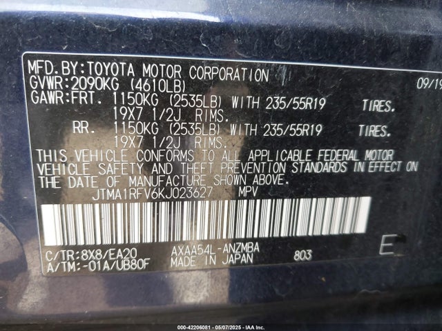 JTMA1RFV6KJ023627 Toyota Rav4 Xle Premium