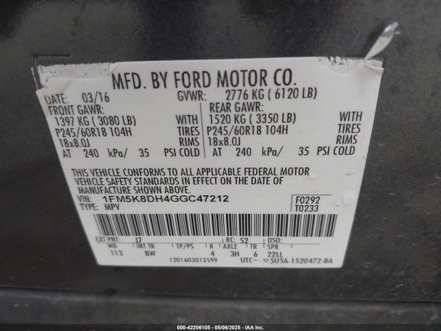 1FM5K8DH4GGC47212 Ford EXPLORER XLT