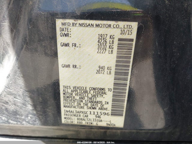 1N4AL3APXGC111596 Nissan Altima 2.5 Sl