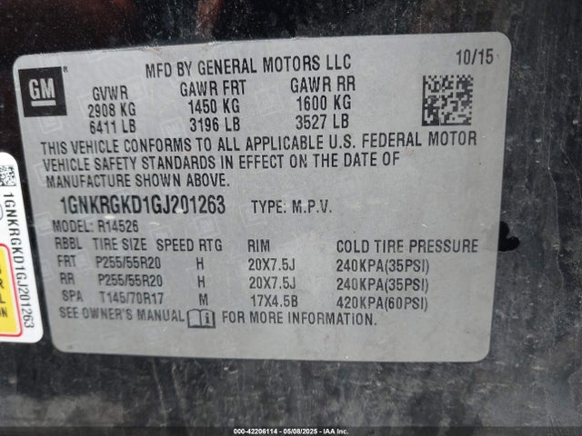 1GNKRGKD1GJ201263 Chevrolet Traverse 1lt