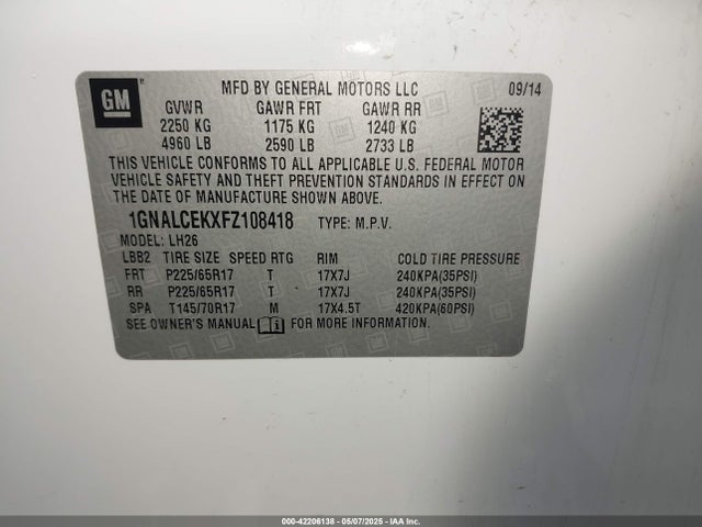 1GNALCEKXFZ108418 Chevrolet Equinox 2lt
