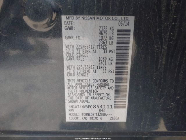 5N1AT2MV5EC854111 Nissan ROGUE SV
