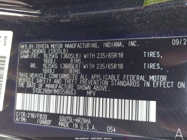 5TDCZRBH1MS558663 Toyota Highlander L