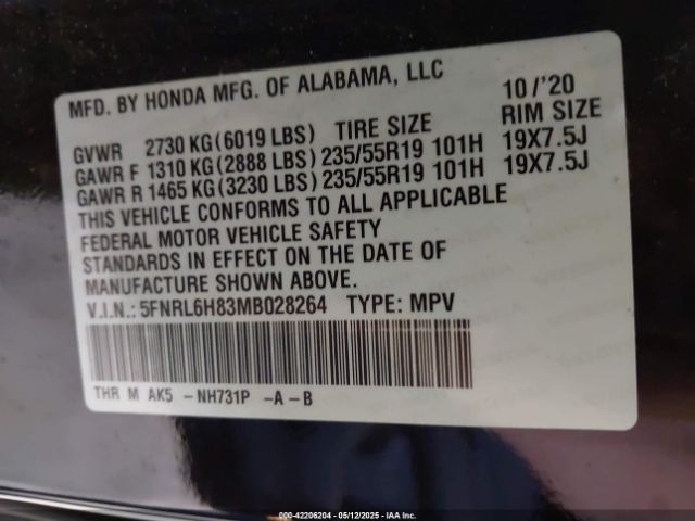 5FNRL6H83MB028264 Honda Odyssey Touring