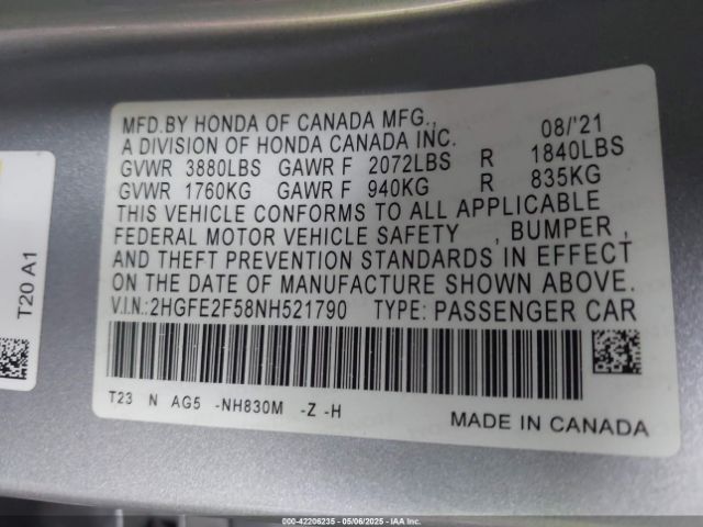 2022 HONDA CIVIC 2HGFE2F58NH521790 Photo 8