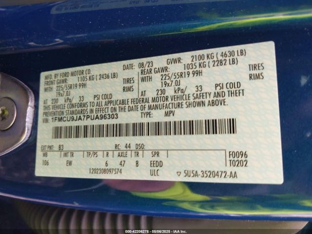1FMCU9JA7PUA96303 Ford Escape Platinum