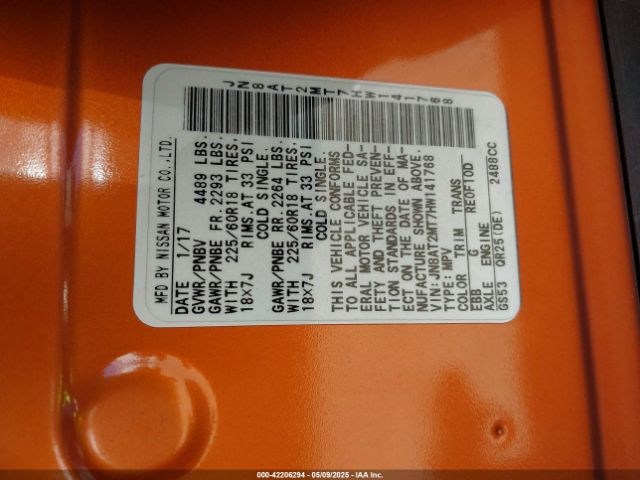 JN8AT2MT7HW141768 Nissan Rogue Sl