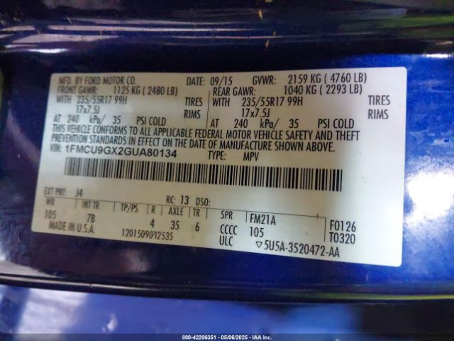 1FMCU9GX2GUA80134 Ford ESCAPE SE