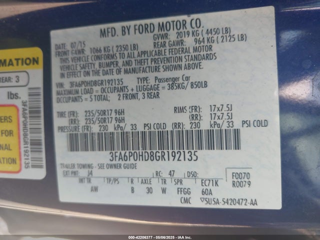 Ford FUSION SE 2016 3FA6P0HD8GR192135 Image 9