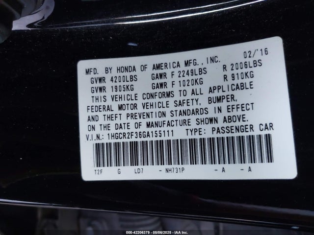 1HGCR2F36GA155111 Honda ACCORD LX