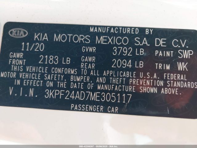 3KPF24AD7ME305117 KIA Forte Lxs