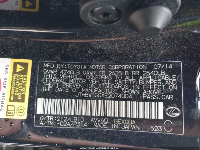 JTHBW1GGXE2074004 Lexus ES 300H