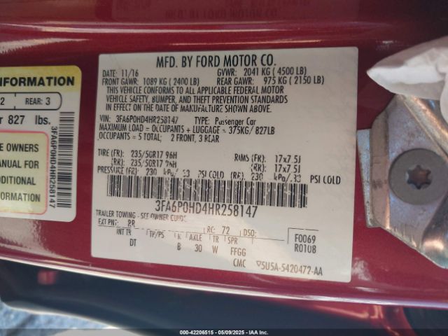3FA6P0HD4HR258147 Ford FUSION SE