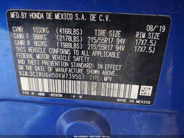 3CZRU6H50KM739507 Honda HR-V EX