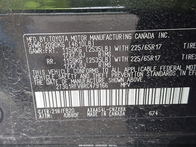 2T3G1RFV8RC479166 Toyota RAV4 LE