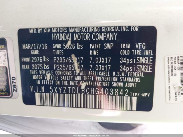 5XYZTDLB0HG403842 Hyundai Santa Fe Sport 2.4l