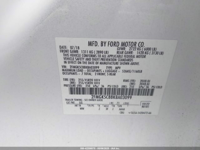 2FMGK5C88KBA03099 Ford FLEX SEL