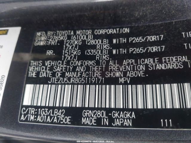 JTEZU5JR8G5119171 Toyota 4runner Sr5 Premium