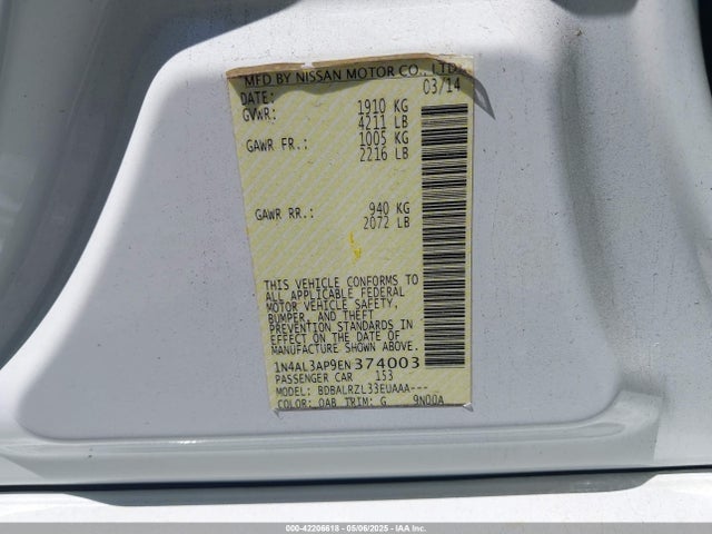 1N4AL3AP9EN374003 Nissan Altima 2.5/2.5 S/2.5 Sl/2.5 Sv