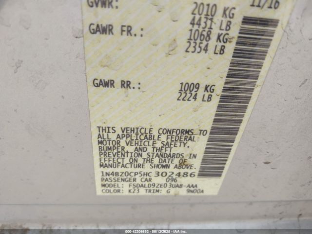 1N4BZ0CP5HC302486 Nissan LEAF SV