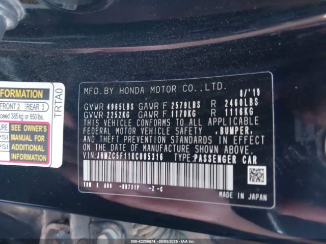 JHMZC5F11KC005316 Honda CLARITY PLUG-IN HYBRID