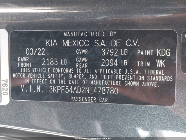 Продажа на аукционе авто 2022 Kia Forte Gt-line, vin: 3KPF54AD2NE478780, номер лота: 42206677