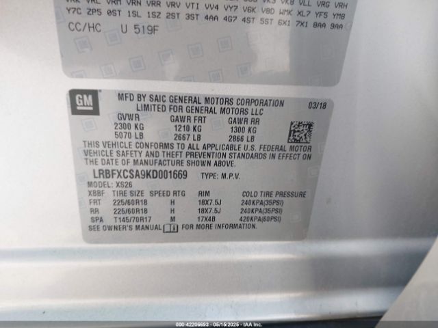 LRBFXCSA9KD001669 Buick Envision Fwd Essence