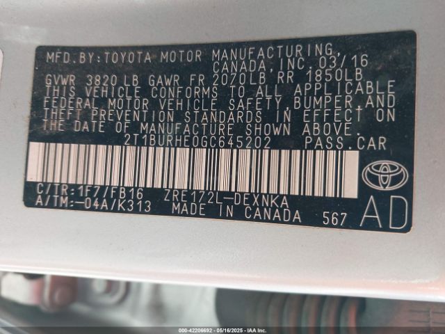 2T1BURHE0GC645202 Toyota COROLLA LE