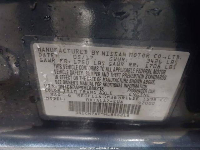3N1CN7AP9HL888218 Nissan Versa 1.6 S+