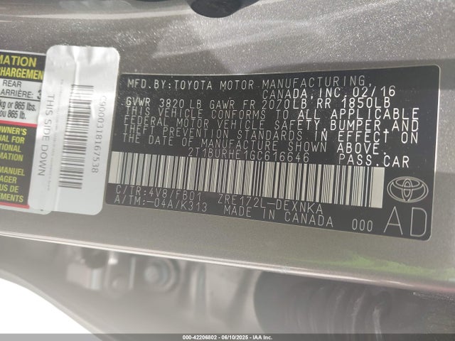 2T1BURHE1GC616646 Toyota 2zr-fe