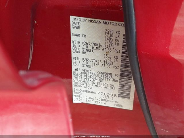 1N6DD0ER4HN776298 Nissan Frontier Sv