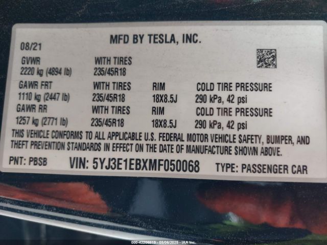 2021 TESLA MODEL 3 5YJ3E1EBXMF050068 Photo 8