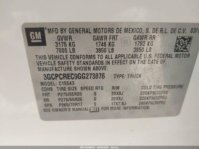 3GCPCREC9GG273876 Chevrolet Silverado 1500 1lt