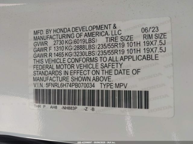 5FNRL6H74PB070034 Honda Odyssey Sport