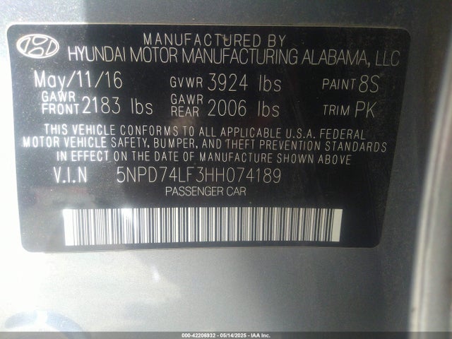 5NPD74LF3HH074189 Hyundai ELANTRA SE