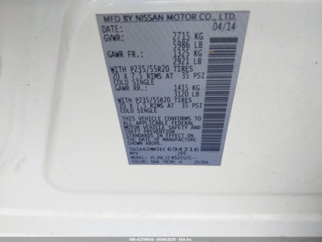 5N1AR2MM3EC694316 Nissan Pathfinder Platinum