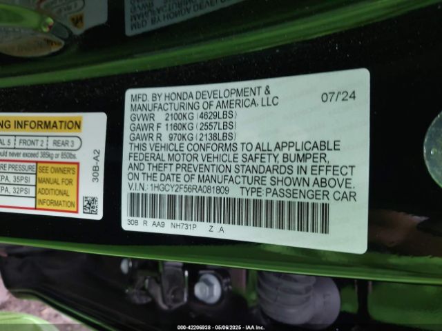 1HGCY2F56RA081809 Honda Accord Hybrid Sport