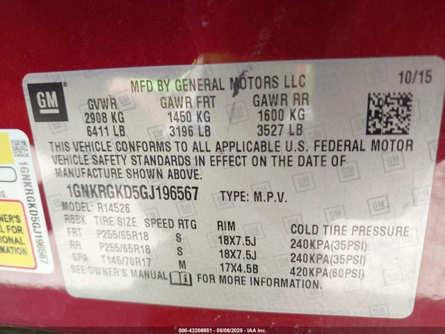 1GNKRGKD5GJ196567 Chevrolet Traverse 1lt