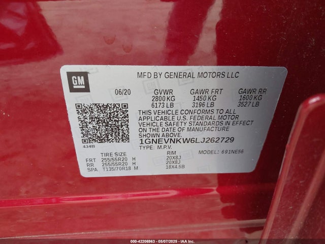 1GNEVNKW6LJ262729 Chevrolet Traverse Awd High Country