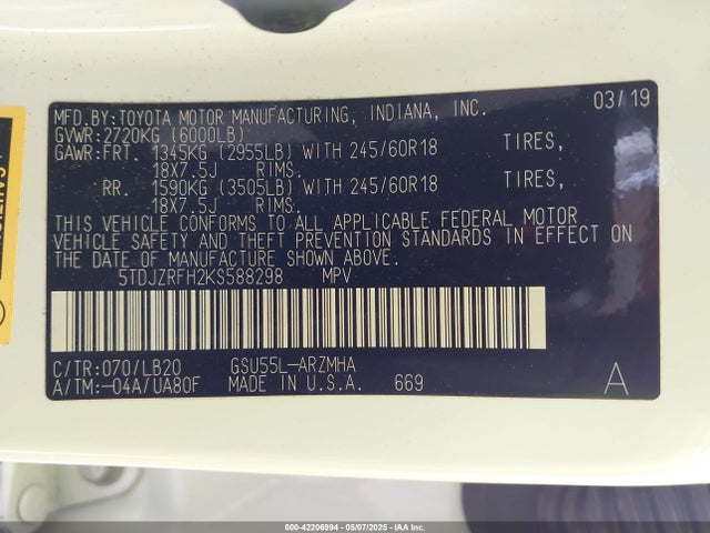 5TDJZRFH2KS588298 Toyota Highlander Xle