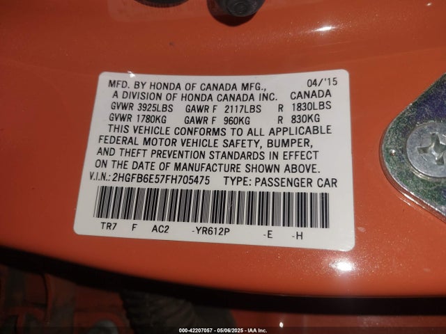 Honda k24z7 2015 2HGFB6E57FH705475 Image 9