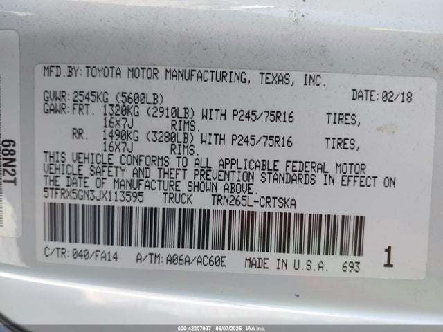 5TFRX5GN3JX113595 Toyota Tacoma Sr