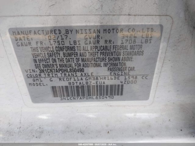2017 NISSAN VERSA 3N1CN7AP0HL850490 Photo 8