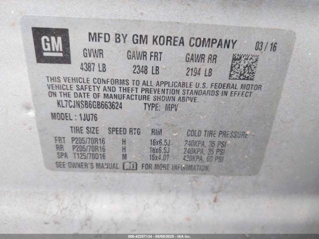KL7CJNSB6GB663624 Chevrolet Trax 1ls