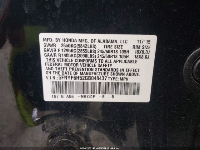 5FNYF6H52GB048437 Honda Pilot Ex-l
